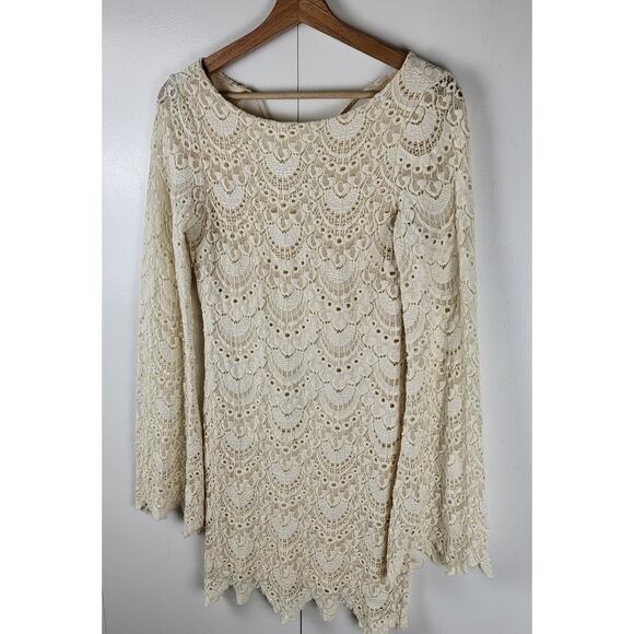 Nightcap Spanish Priscilla Lace Bell Sleeve Bodycon Mini Dress in Nude | 1 XS - Picture 8 of 11